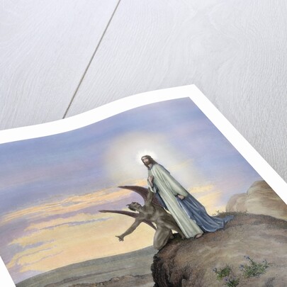 Jesus tempted by the Devil. Engraving. Colored. by Anonymous