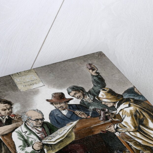 Reading the newspaper in the tavern. Colored engraving, 1876. by Anonymous