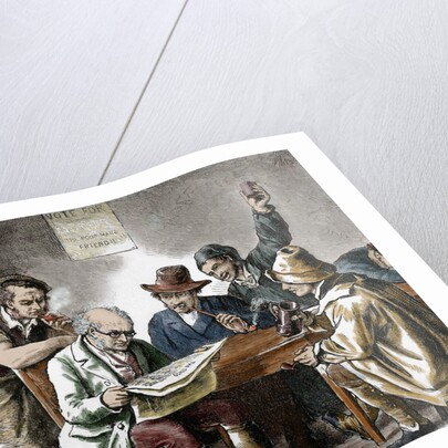 Reading the newspaper in the tavern. Colored engraving, 1876. by Anonymous