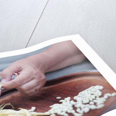 Woman selecting and separating green beans from pods by Anonymous