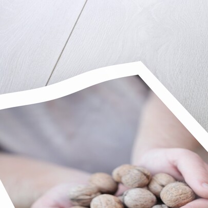 Man in khaki t-shirt holds walnuts in his palms by Anonymous