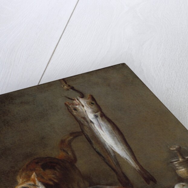 Cat with a slice of salmon, two mackerels, mortar and pestle by Jean Baptiste Simeon Chardin