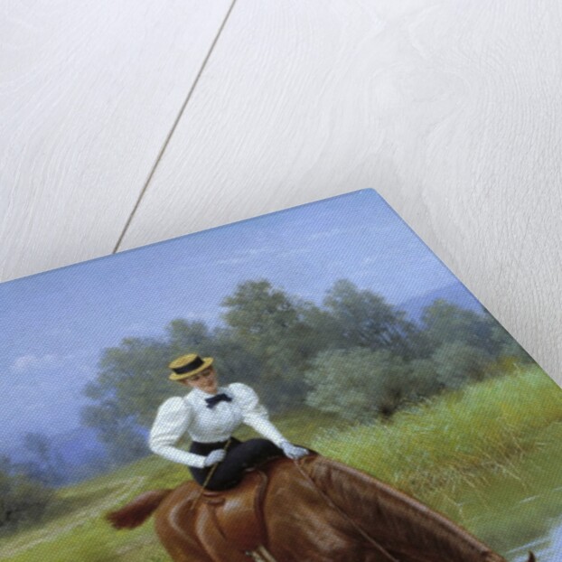 A young woman riding stops for her horse to drink by Anonymous