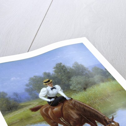 A young woman riding stops for her horse to drink by Anonymous