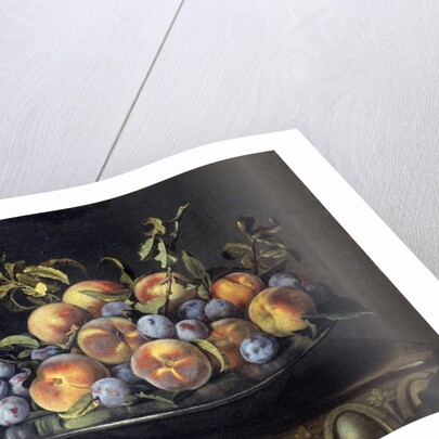 Peaches and plums in a pewter plate by Pierre Dupuis