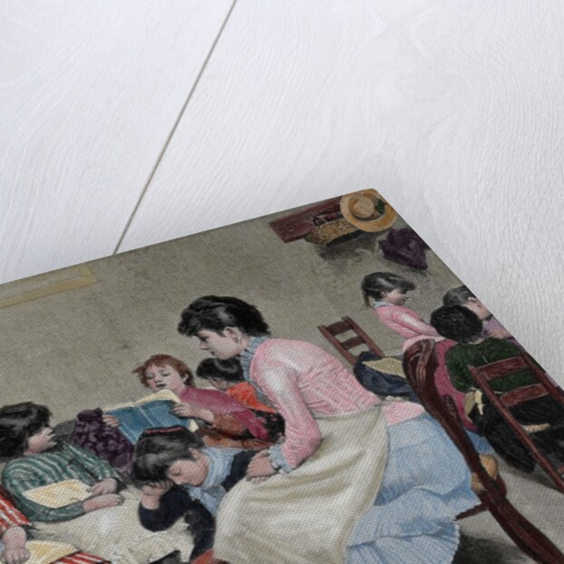 Girls' school. Engraving, 19th century. "La Ilustracion Espanola y Americana". Colored. by Anonymous