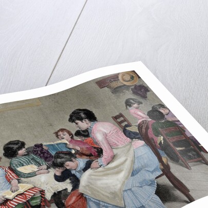 Girls' school. Engraving, 19th century. "La Ilustracion Espanola y Americana". Colored. by Anonymous