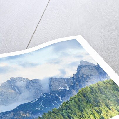 The mount Sernio emerges from the clouds and stands with majesty abiove the green woods, Alpi Carnic by Anonymous