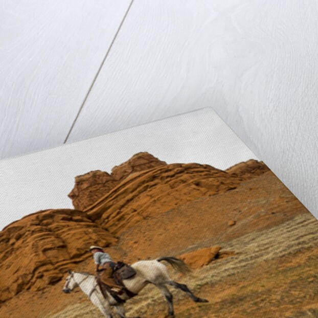Cowgirl at Full Gallop with red rock hills by Anonymous