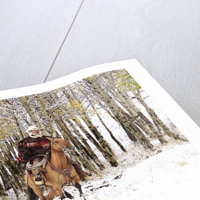 Cowboys riding in Autumn Aspens with a fresh snowfall by Anonymous