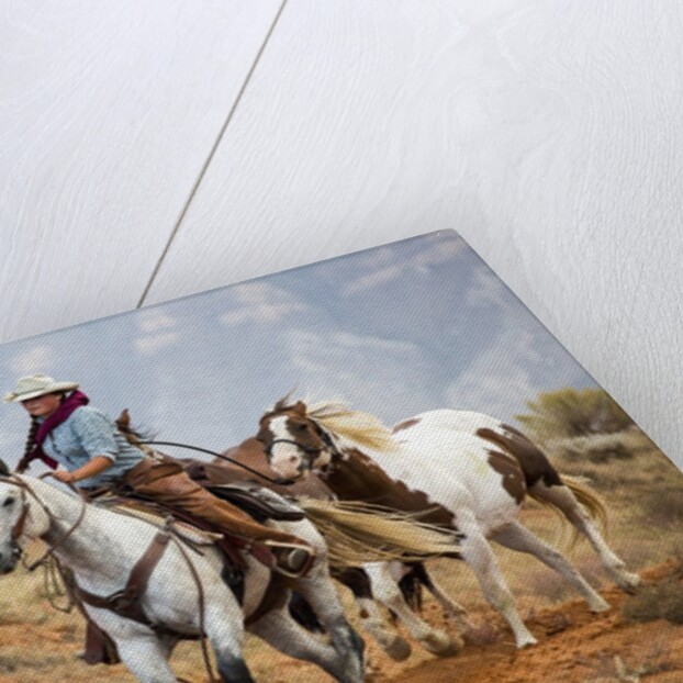 Cowgirl at Full Gallop with Horses in tow by Anonymous