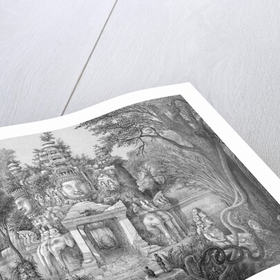 19c Print of the Elephant Gateway with Khmer Buddhists at Temple of Angkor Thom by Anonymous