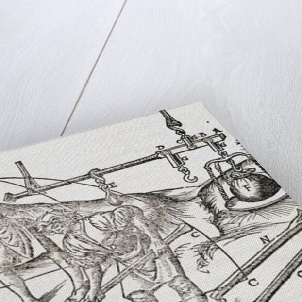 Vitruvius Woodcut Illustration of Two Builders Moving Stone Blocks by Cesare Cesariano