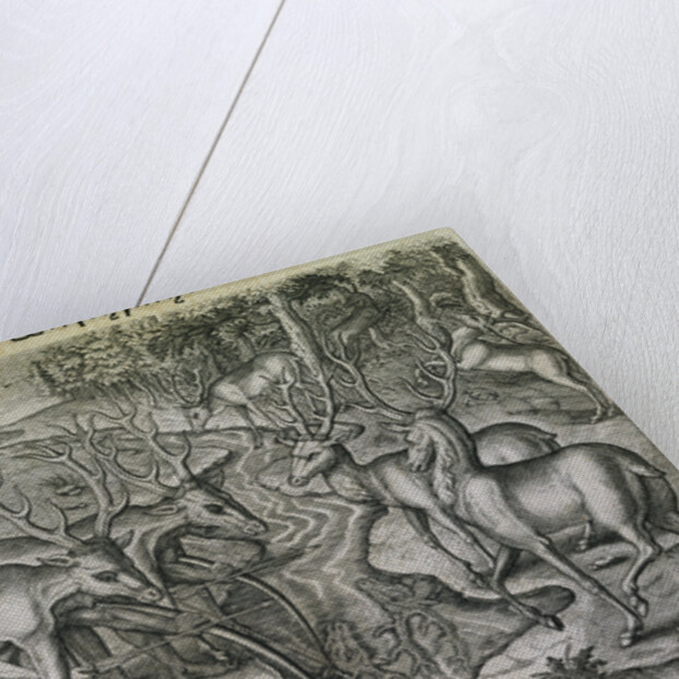 Engraving by Theodor de Bry After Stag Hunting by Jacques Le Moyne