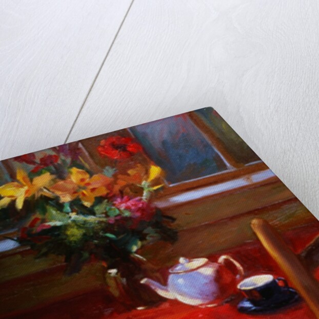 Flowers and Teapot on Red by Pam Ingalls