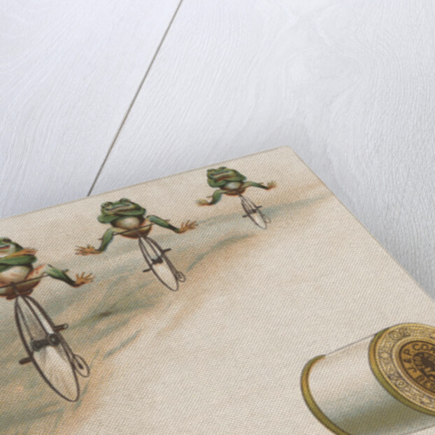 J & P Coats Trade Card of Frog Cyclists by Anonymous