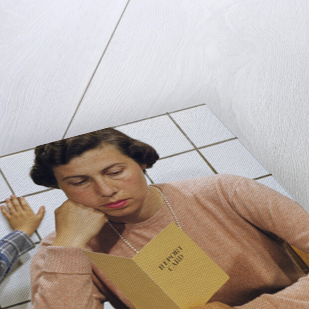 Disappointed Mother Reading Son's Report Card by Anonymous