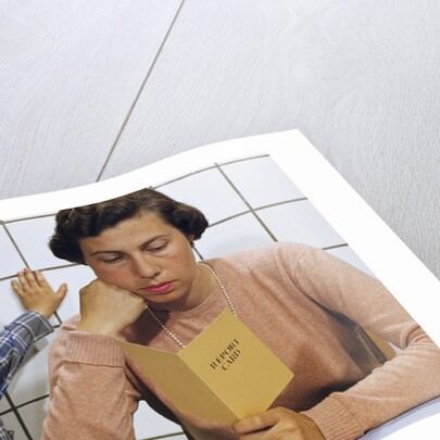 Disappointed Mother Reading Son's Report Card by Anonymous