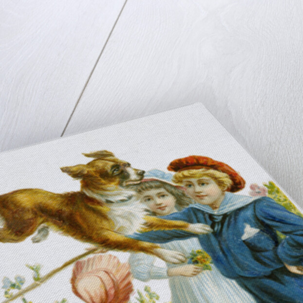 Illustration Depicting Children with a Leaping Dog by Anonymous