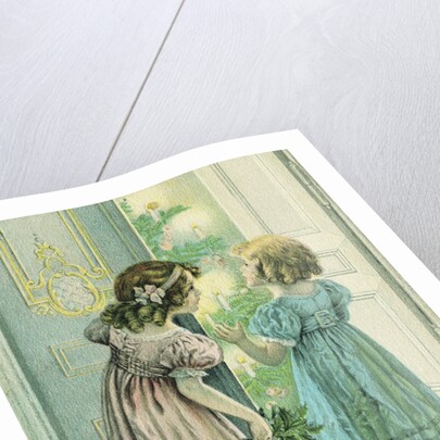 A Joyous Christmas Postcard with Little Girls Looking at the Christmas Tree by Anonymous