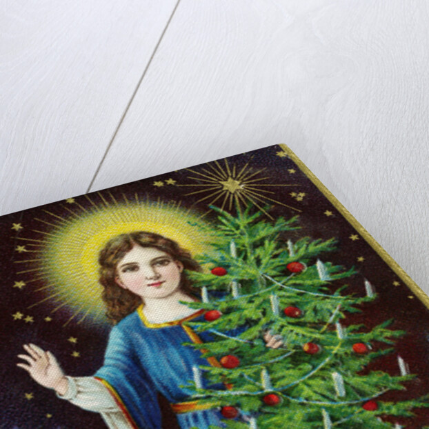 A Merry Christmas to You Postcard with an Angel Holding a Christmas Tree by Anonymous