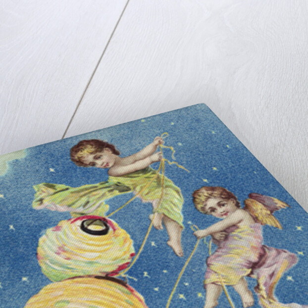 A Merry Christmas Postcard with Angels and Paper Lanterns by Anonymous