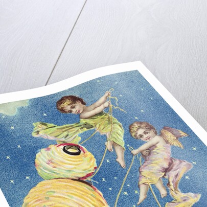 A Merry Christmas Postcard with Angels and Paper Lanterns by Anonymous