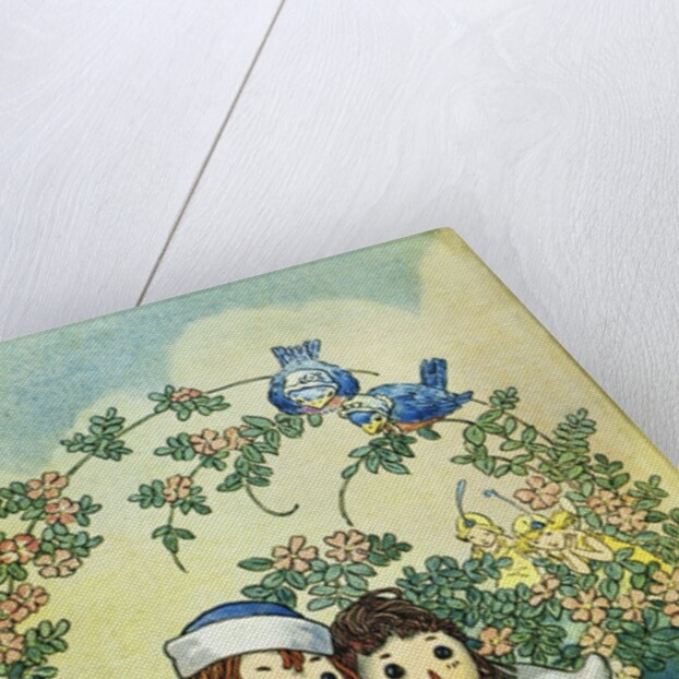 Illustration of Raggedy Ann and Raggedy Andy with Two Robins by Johnny Gruelle