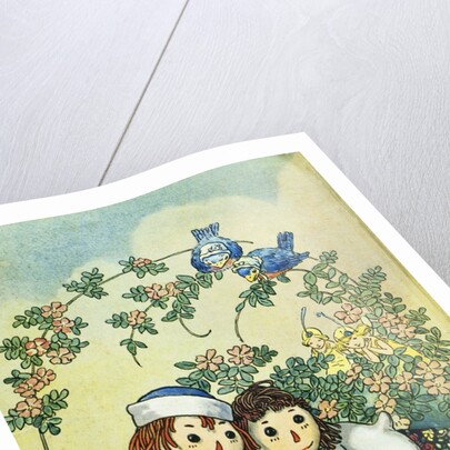 Illustration of Raggedy Ann and Raggedy Andy with Two Robins by Johnny Gruelle