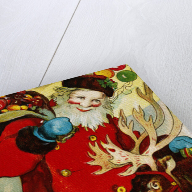 A Happy Christmas Postcard with Saint Nicholas and a Reindeer by Anonymous