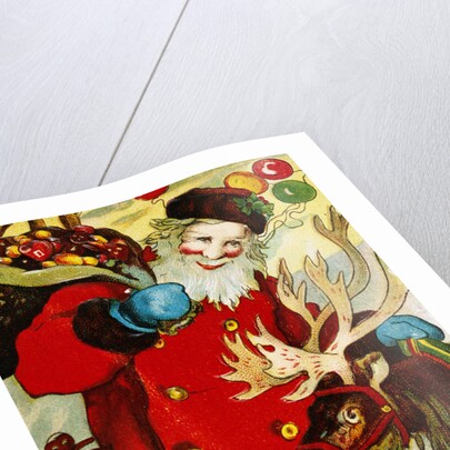 A Happy Christmas Postcard with Saint Nicholas and a Reindeer by Anonymous