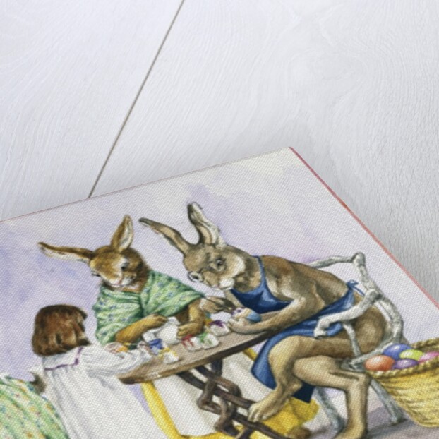 Illustration of a Girl Decorating Eggs with Giant Rabbit Family by Alexandra Day