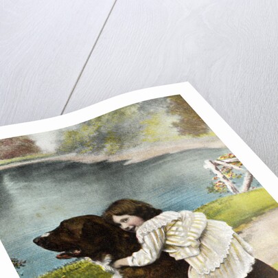 Color Print Postcard Showing Girl Hugging a Bernese Mountain Dog by Anonymous