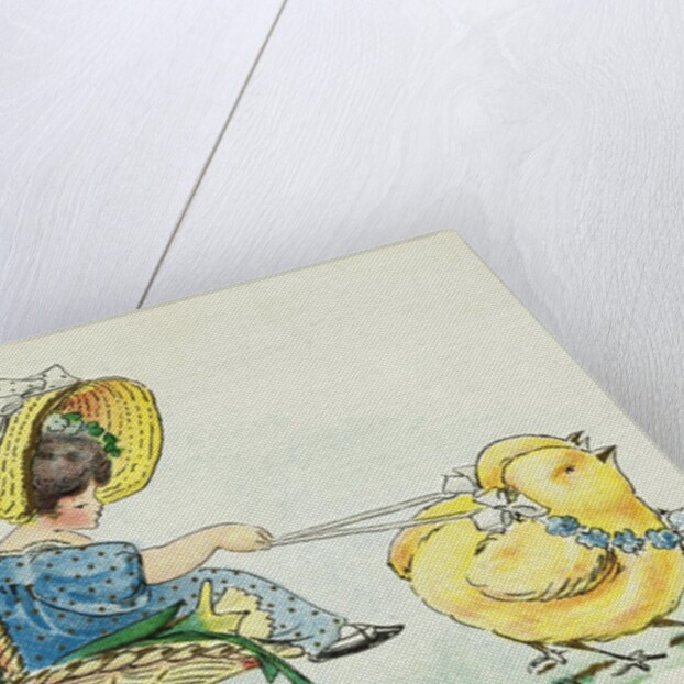 A Happy Easter Postcard with Two Chicks Pulling a Girl in a Basket by Anonymous