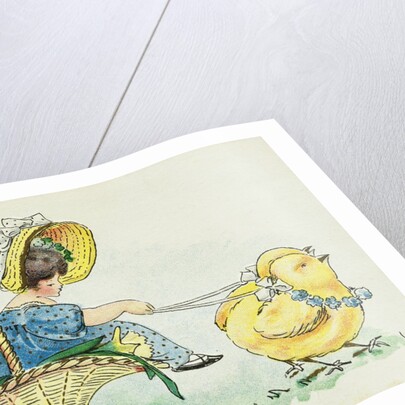 A Happy Easter Postcard with Two Chicks Pulling a Girl in a Basket by Anonymous