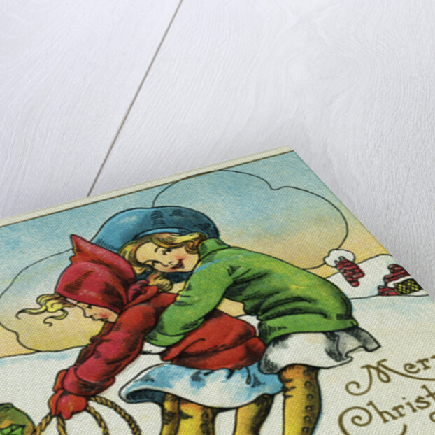 Merry Christmas Postcard with Two Girls Pulling a Sled by Anonymous