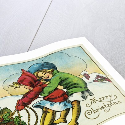Merry Christmas Postcard with Two Girls Pulling a Sled by Anonymous