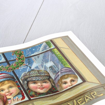 A Happy New Year Postcard of Children Peeking Through a Window by Anonymous
