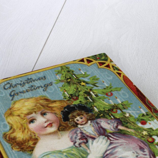 Christmas Greetings Postcard with a Girl and Doll by Anonymous