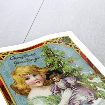 Christmas Greetings Postcard with a Girl and Doll by Anonymous