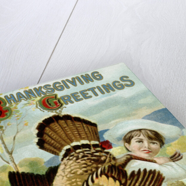Thanksgiving Greetings Postcard with a Boy Carrying a Turkey by Anonymous