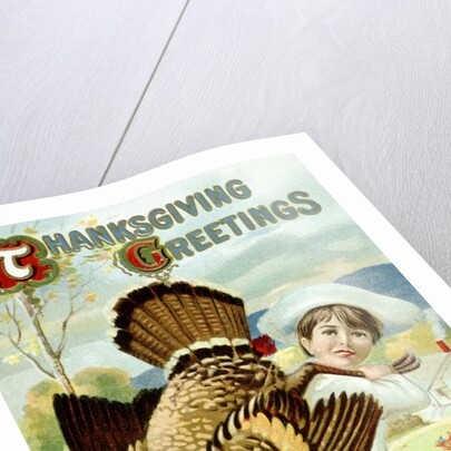 Thanksgiving Greetings Postcard with a Boy Carrying a Turkey by Anonymous