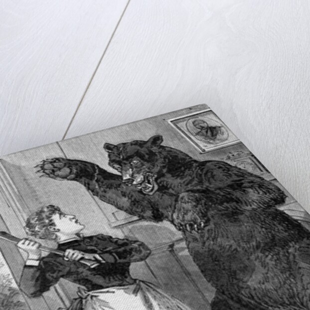 Woman With Axe Fights Bear; Woodcut by Anonymous