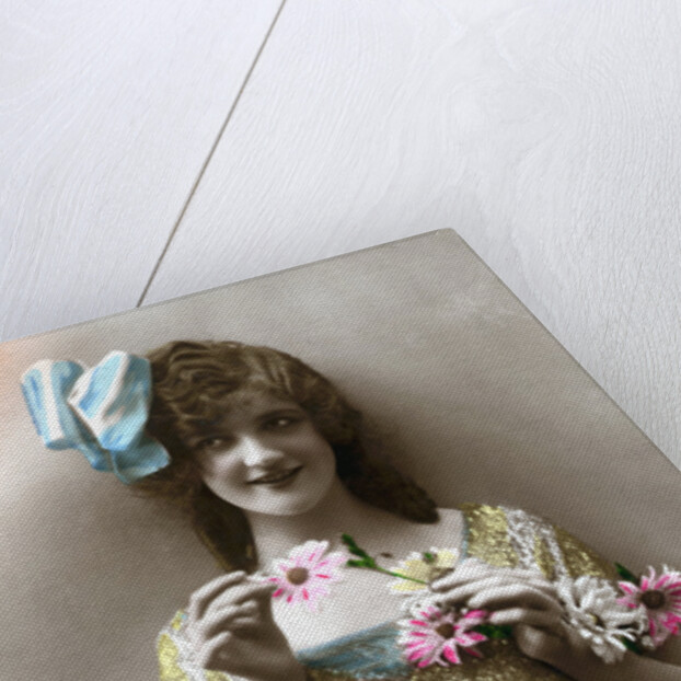 French Postcard of Woman Holding Flowers by Anonymous