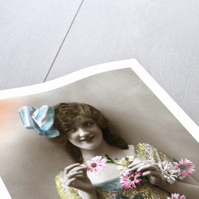 French Postcard of Woman Holding Flowers by Anonymous