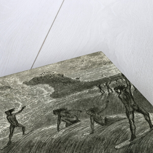 Illustration of Hawaiian Natives Surfing On High Wave by Anonymous