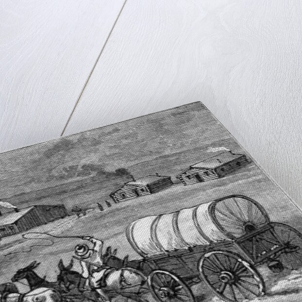Covered Wagon Approaching Log Cabins by Anonymous