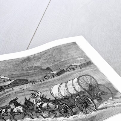 Covered Wagon Approaching Log Cabins by Anonymous