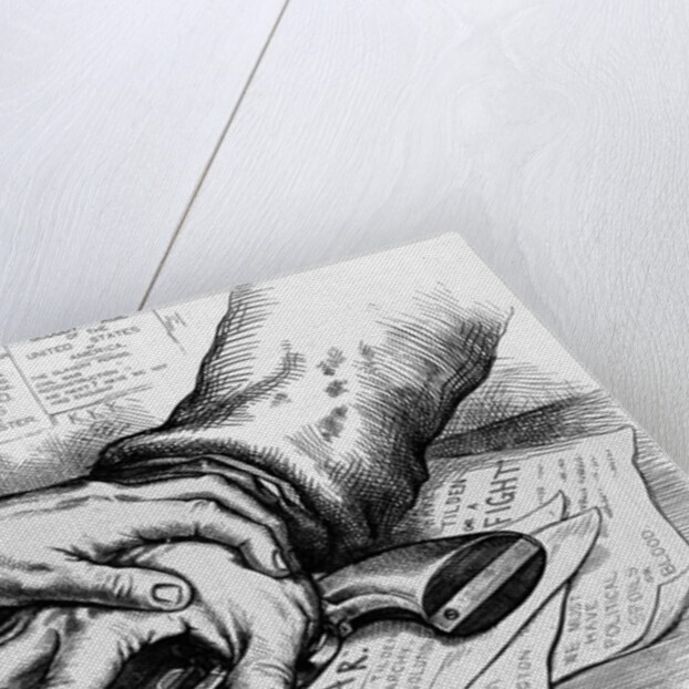 Two hands that are touching a gun that is laying on advertisments by Anonymous