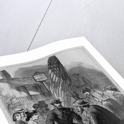 A veteran with a crutch stands with a crowd around him by Anonymous